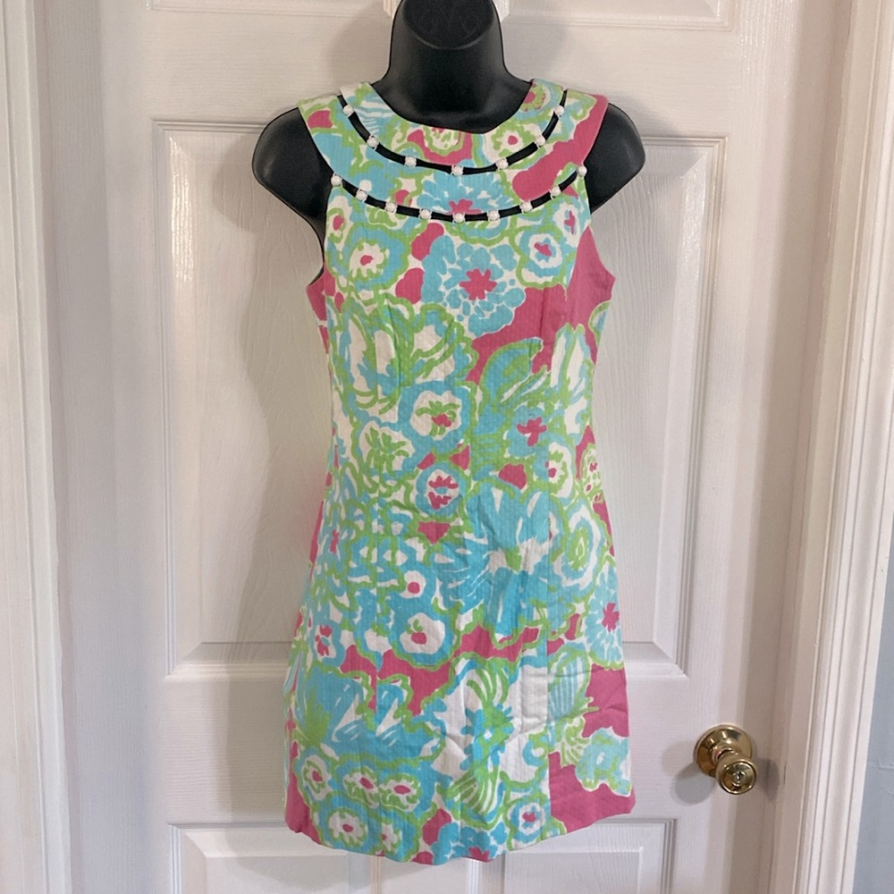 Lilly Pulitzer baby blue, pink, green & white sleeveless midi dress, size 00.